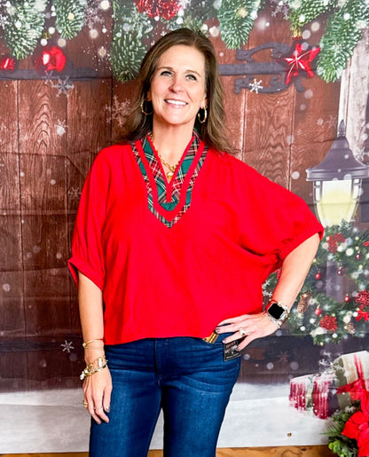 Red Plaid Collar Detail Top