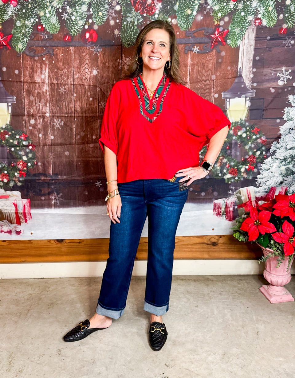 Red Plaid Collar Detail Top