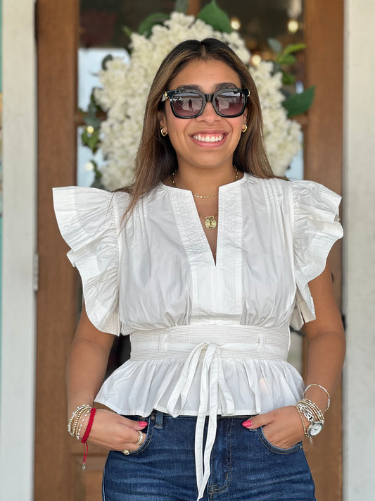 Off White Flutter Sleeve Peplum Top