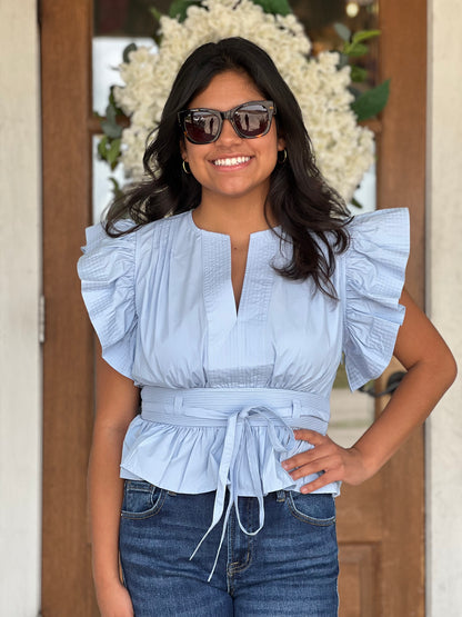 Chambray Blue Flutter Sleeve Peplum Top