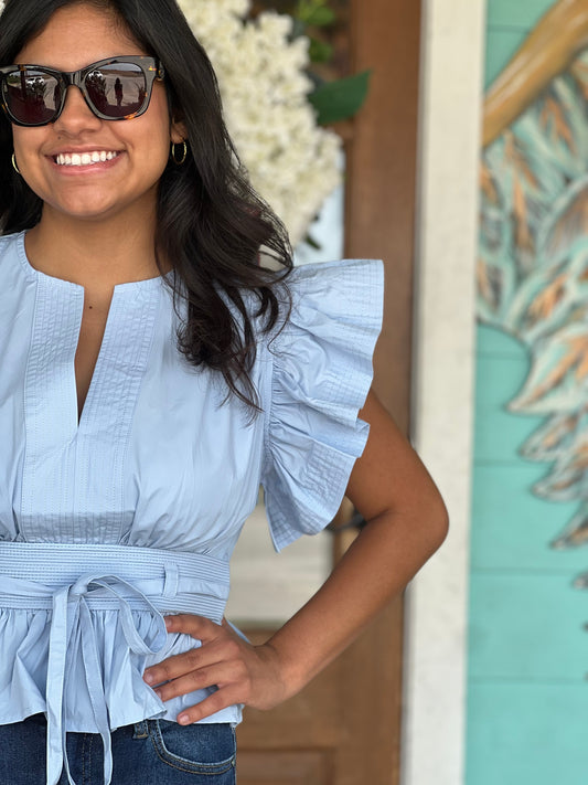 Chambray Blue Flutter Sleeve Peplum Top