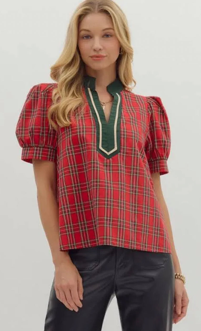 Red Plaid Puff Sleeve Top
