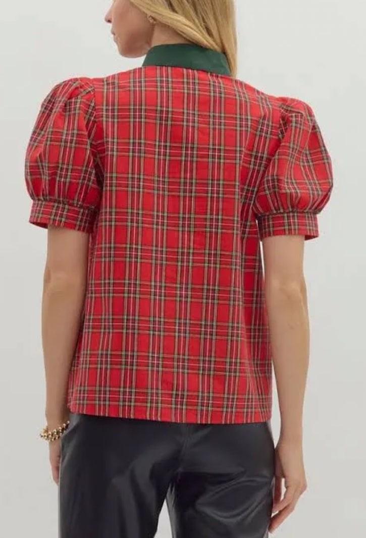 Red Plaid Puff Sleeve Top