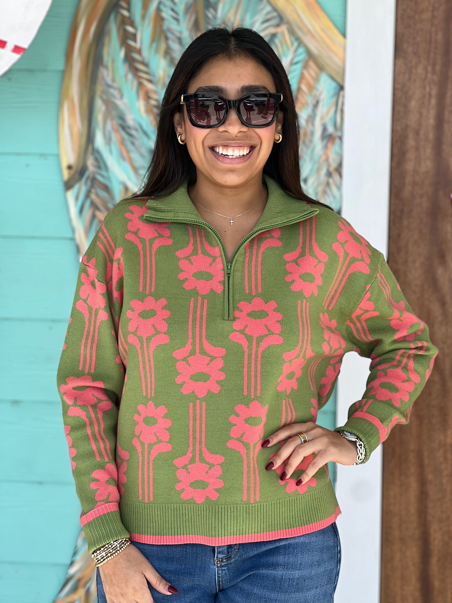 Green Coral Modern Daisy Sweater