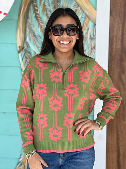 Green Coral Modern Daisy Sweater