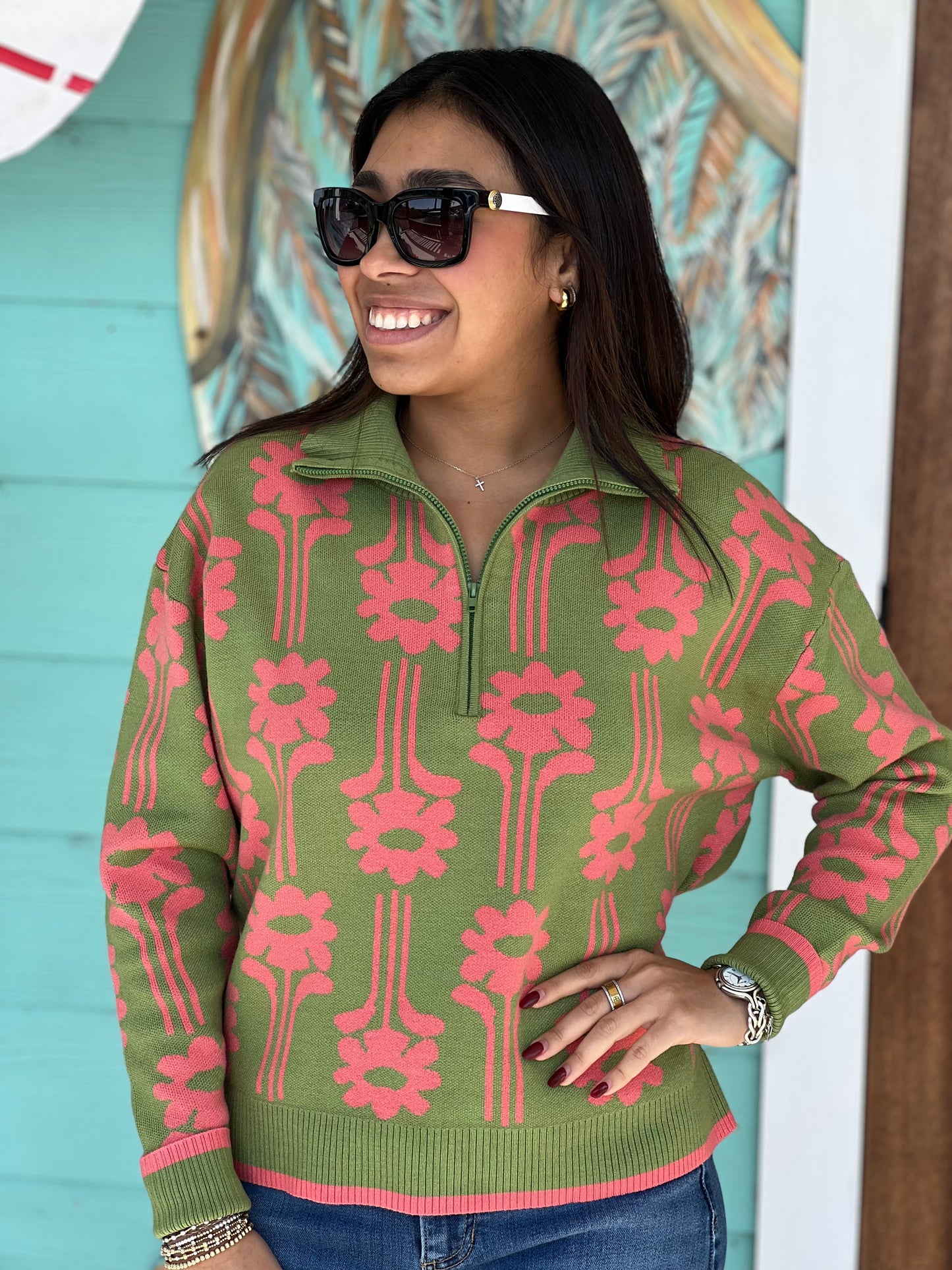 Green Coral Modern Daisy Sweater