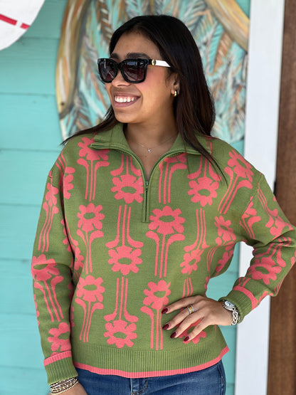 Green Coral Modern Daisy Sweater