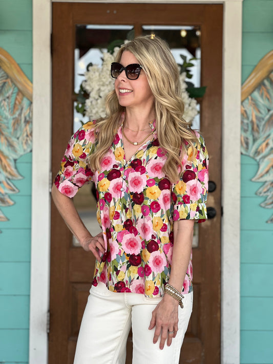 Wine Floral Print Puff Sleeve Top