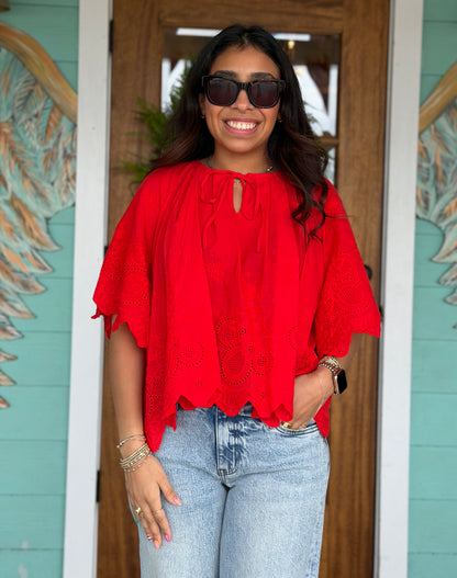 Red Floral Eyelet Scallop Blouse