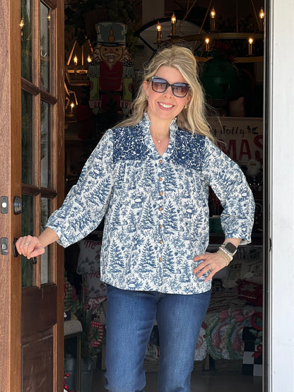 Layerz Jane Blue Toile Santa Embroidered Top