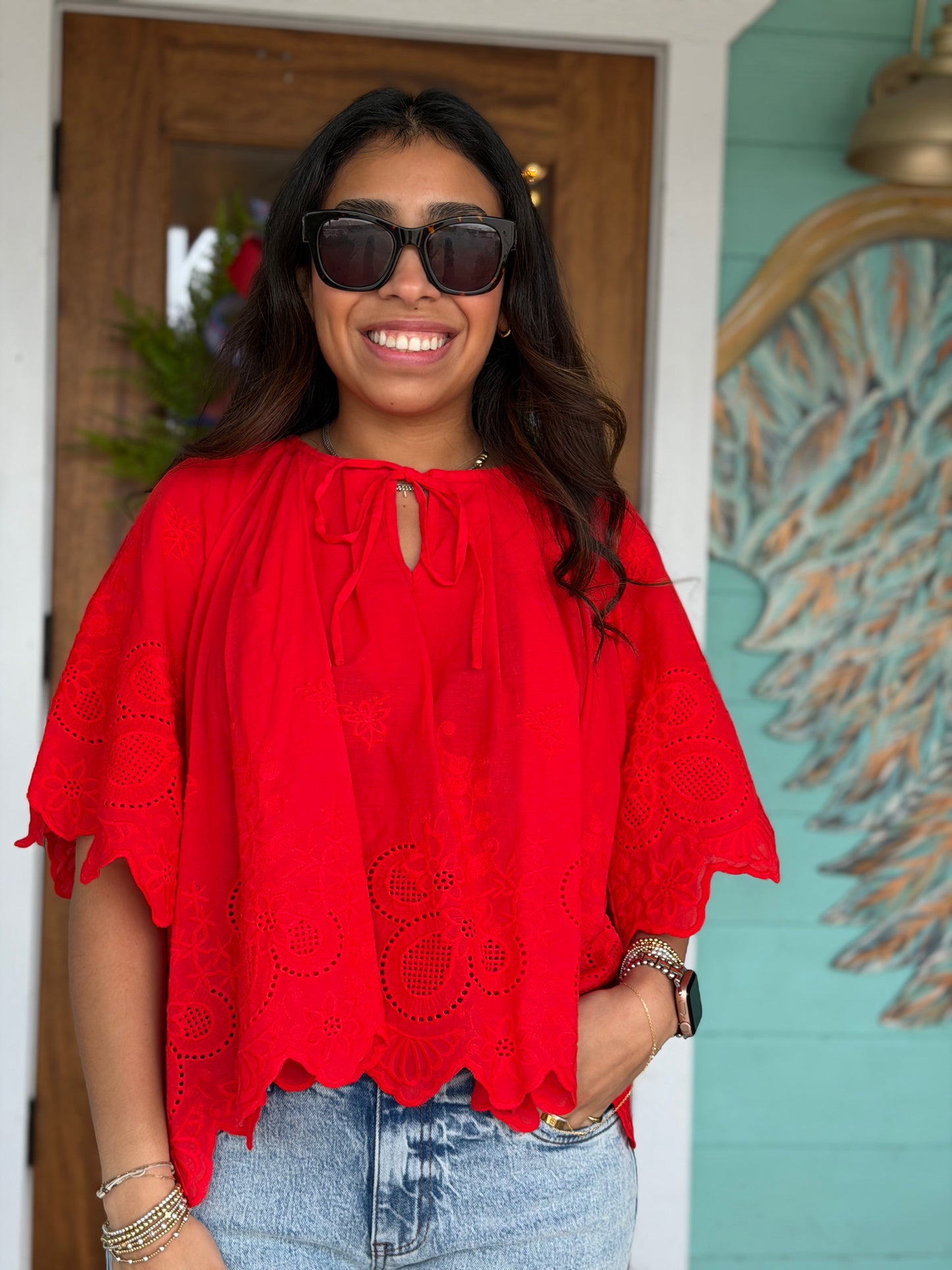 Red Floral Eyelet Scallop Blouse
