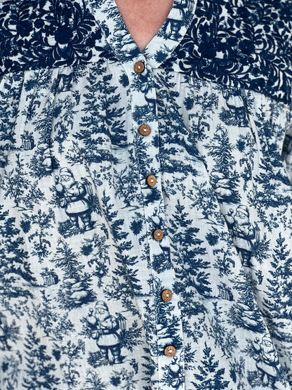 Layerz Jane Blue Toile Santa Embroidered Top