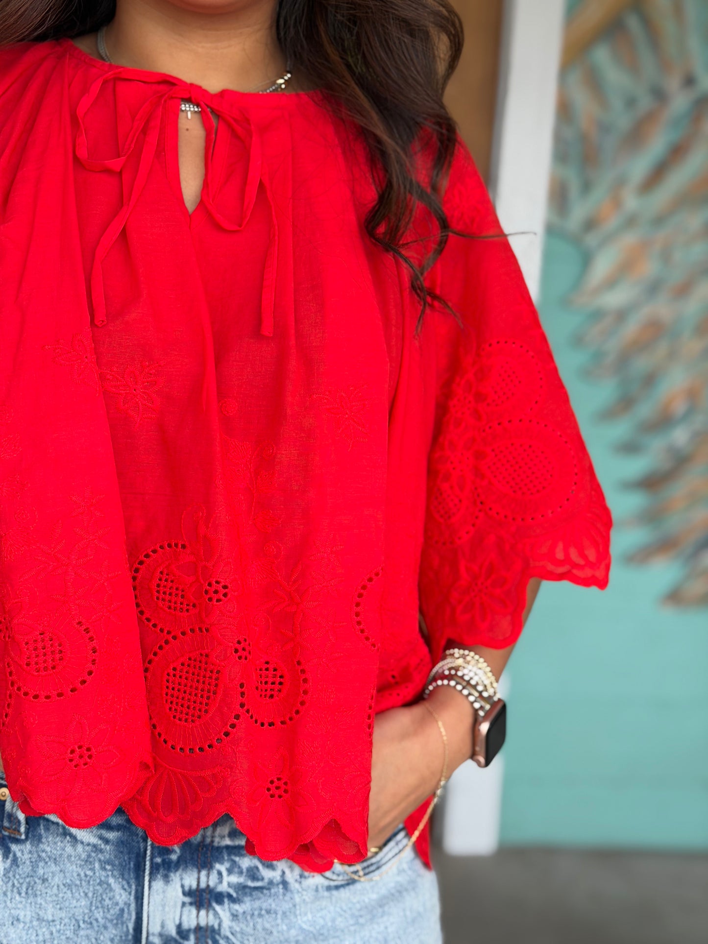 Red Floral Eyelet Scallop Blouse