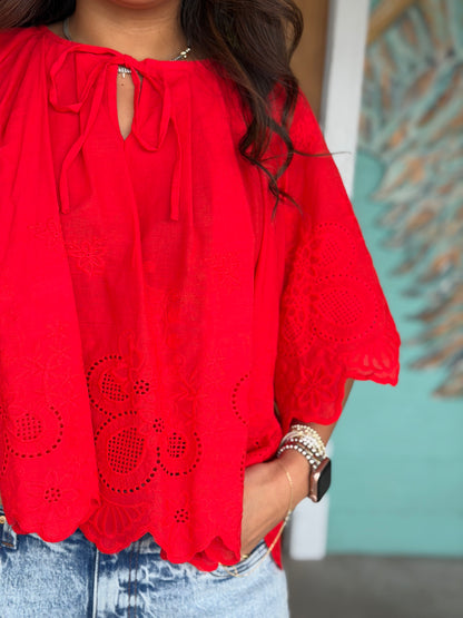 Red Floral Eyelet Scallop Blouse