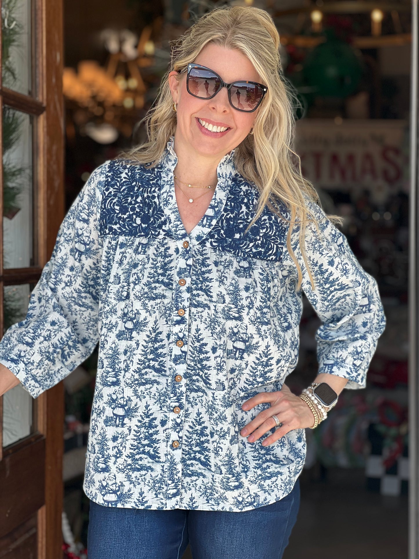 Layerz Jane Blue Toile Santa Embroidered Top