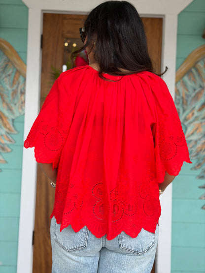 Red Floral Eyelet Scallop Blouse