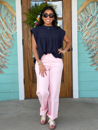 1822 Denim Blush Pink 28" MR Slim Wide Leg