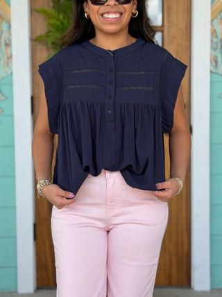 Navy Lace Detail Button Top