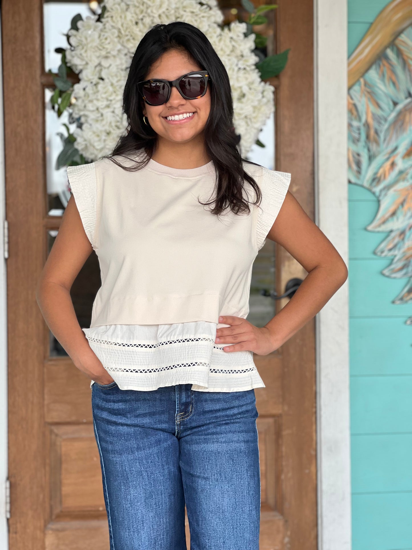 Cream Top Stitch Knit Blouse
