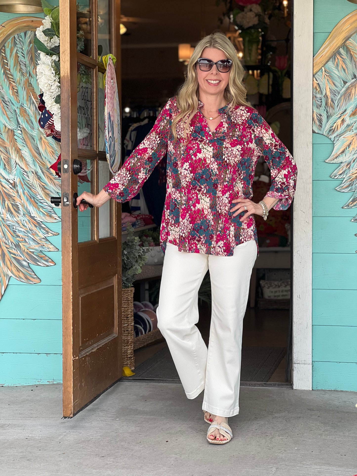Lizzy Wine Magenta Print 3/4 Sleeve Top