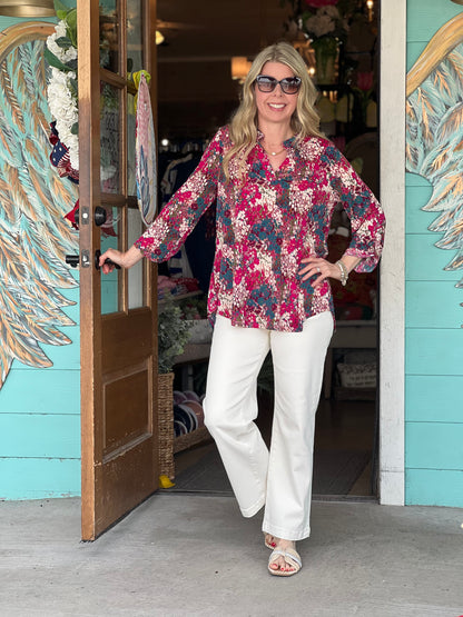 Lizzy Wine Magenta Print 3/4 Sleeve Top