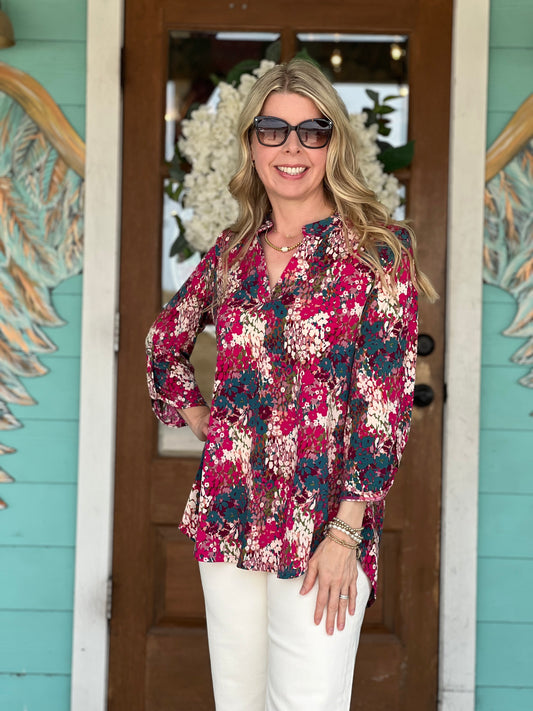 Lizzy Wine Magenta Print 3/4 Sleeve Top