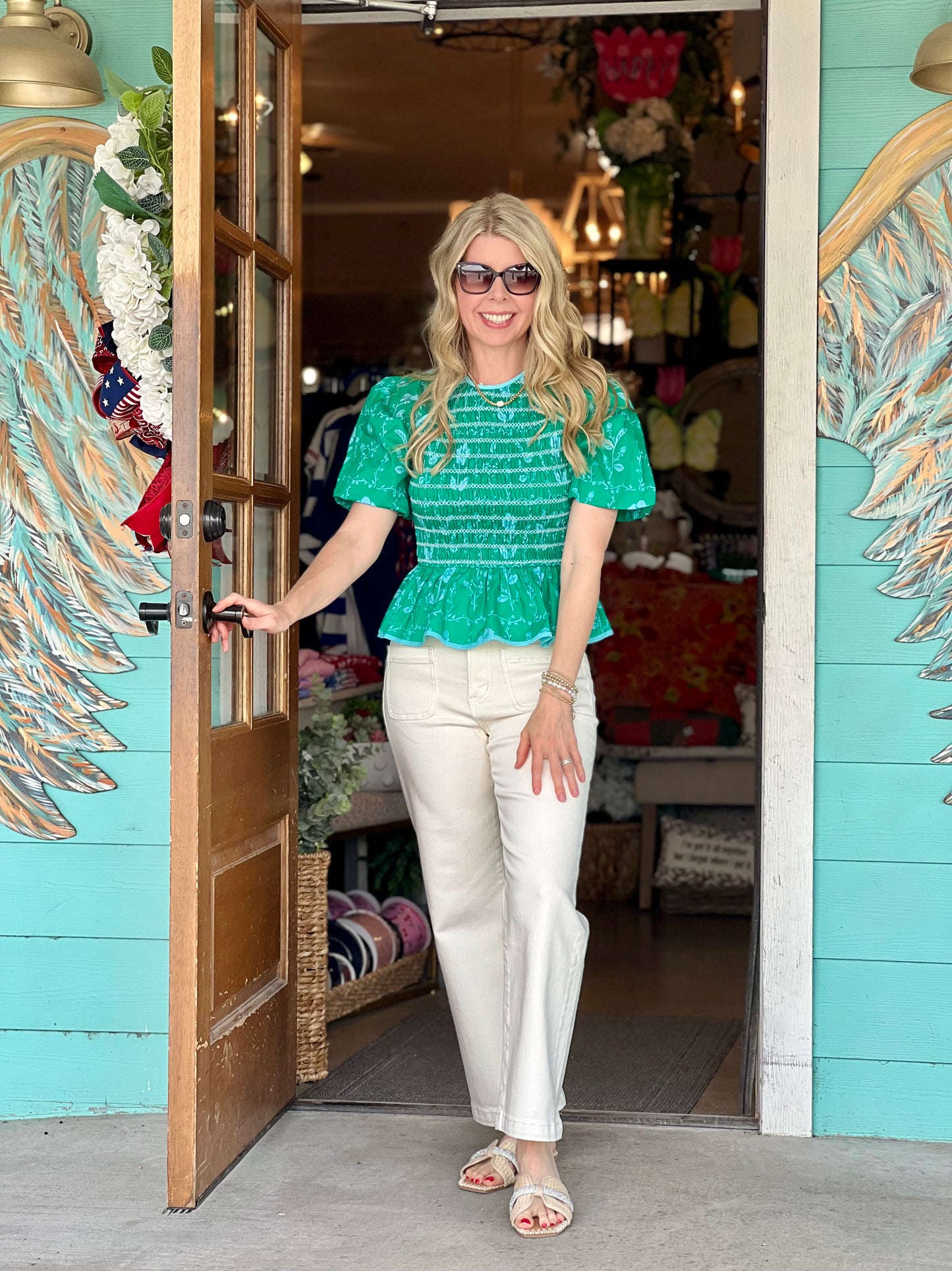 Green Blue Floral Smocked Top