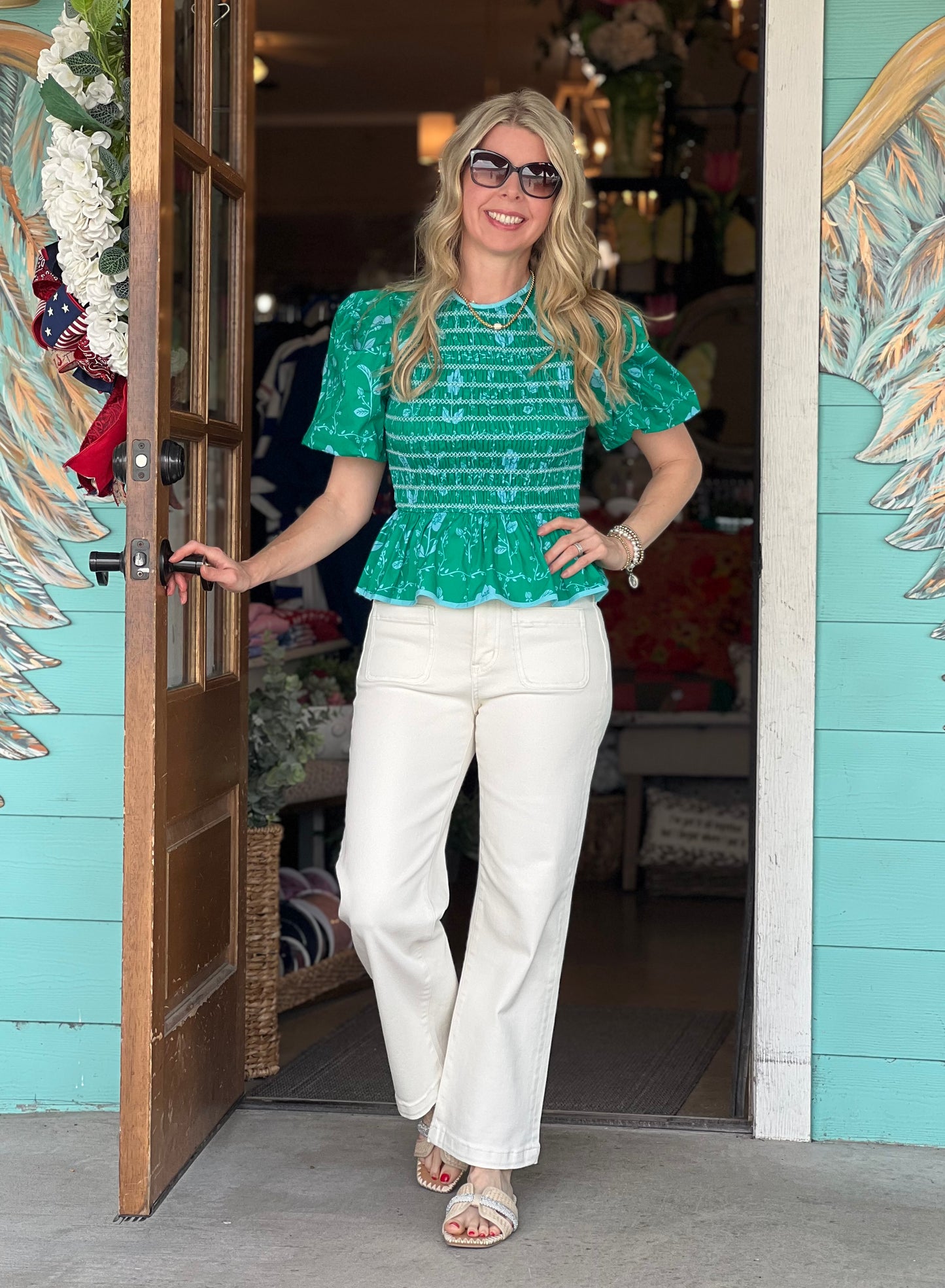 Green Blue Floral Smocked Top