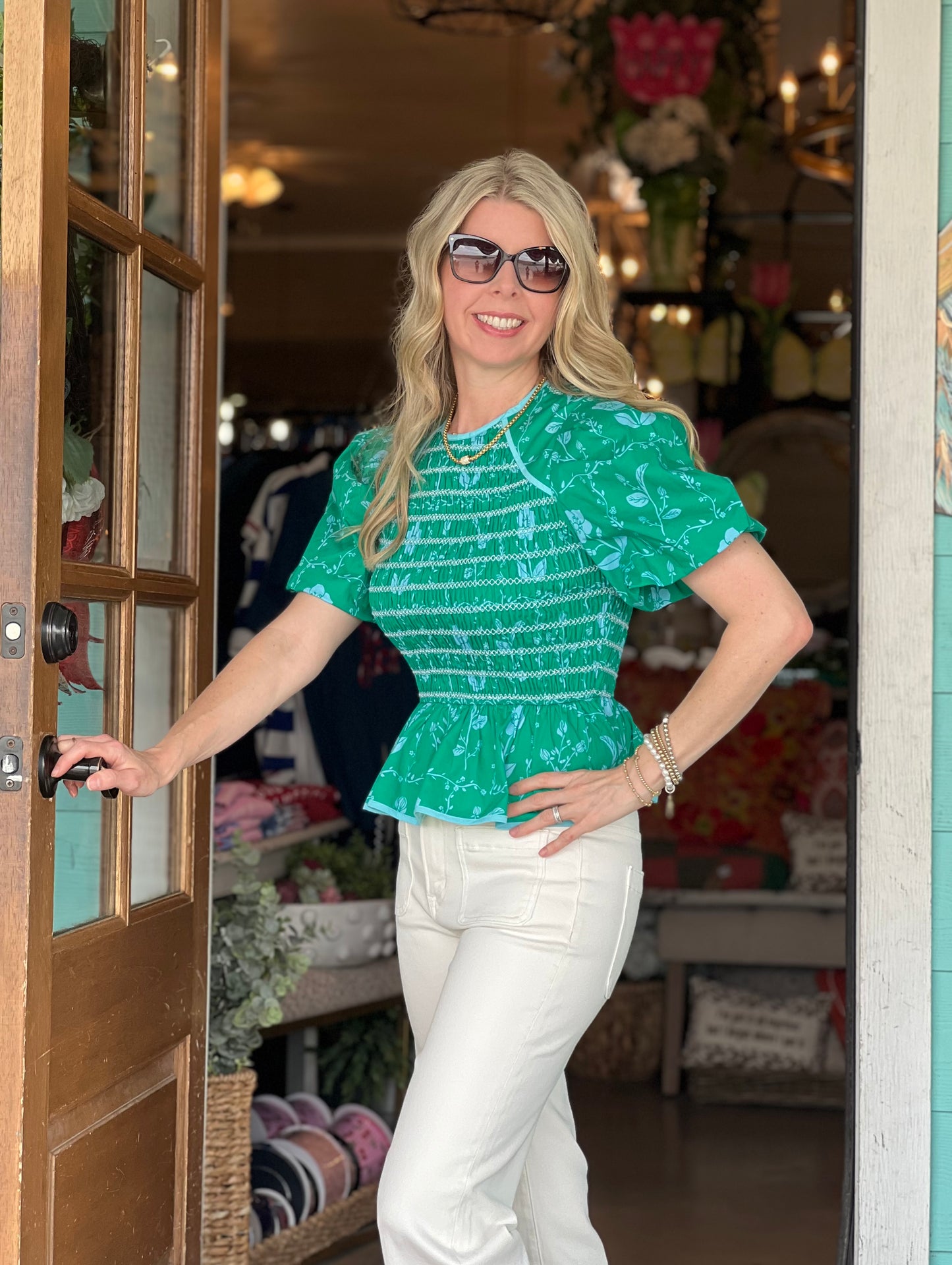 Green Blue Floral Smocked Top
