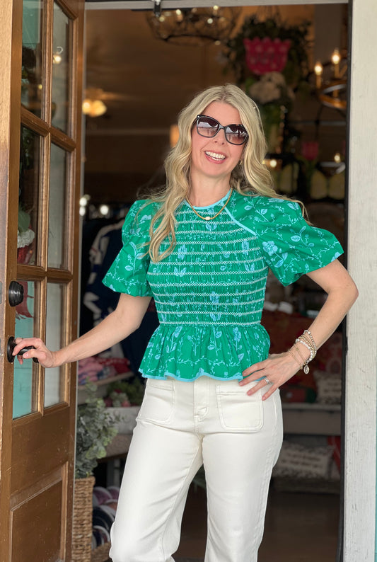 Green Blue Floral Smocked Top
