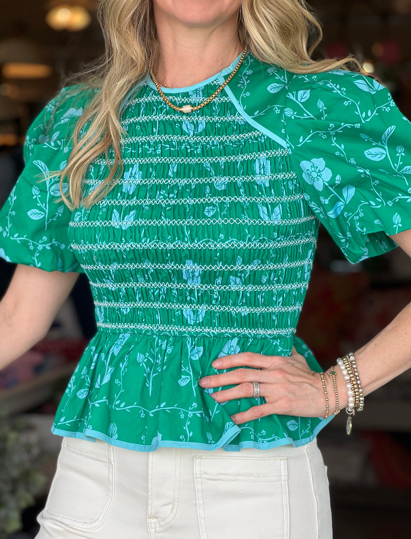 Green Blue Floral Smocked Top