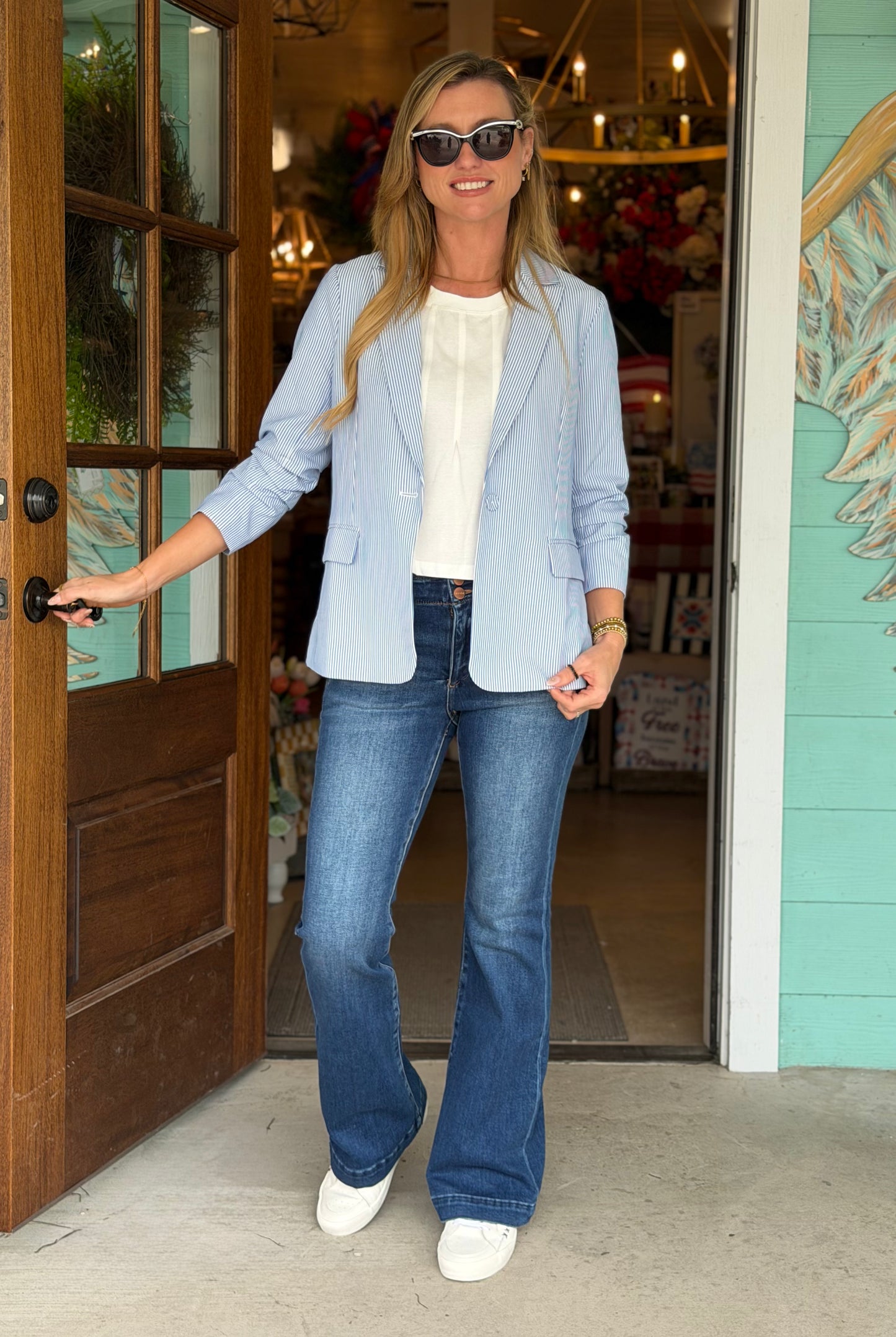 Blue Striped Cinched Sleeve Blazer