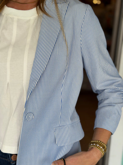 Blue Striped Cinched Sleeve Blazer