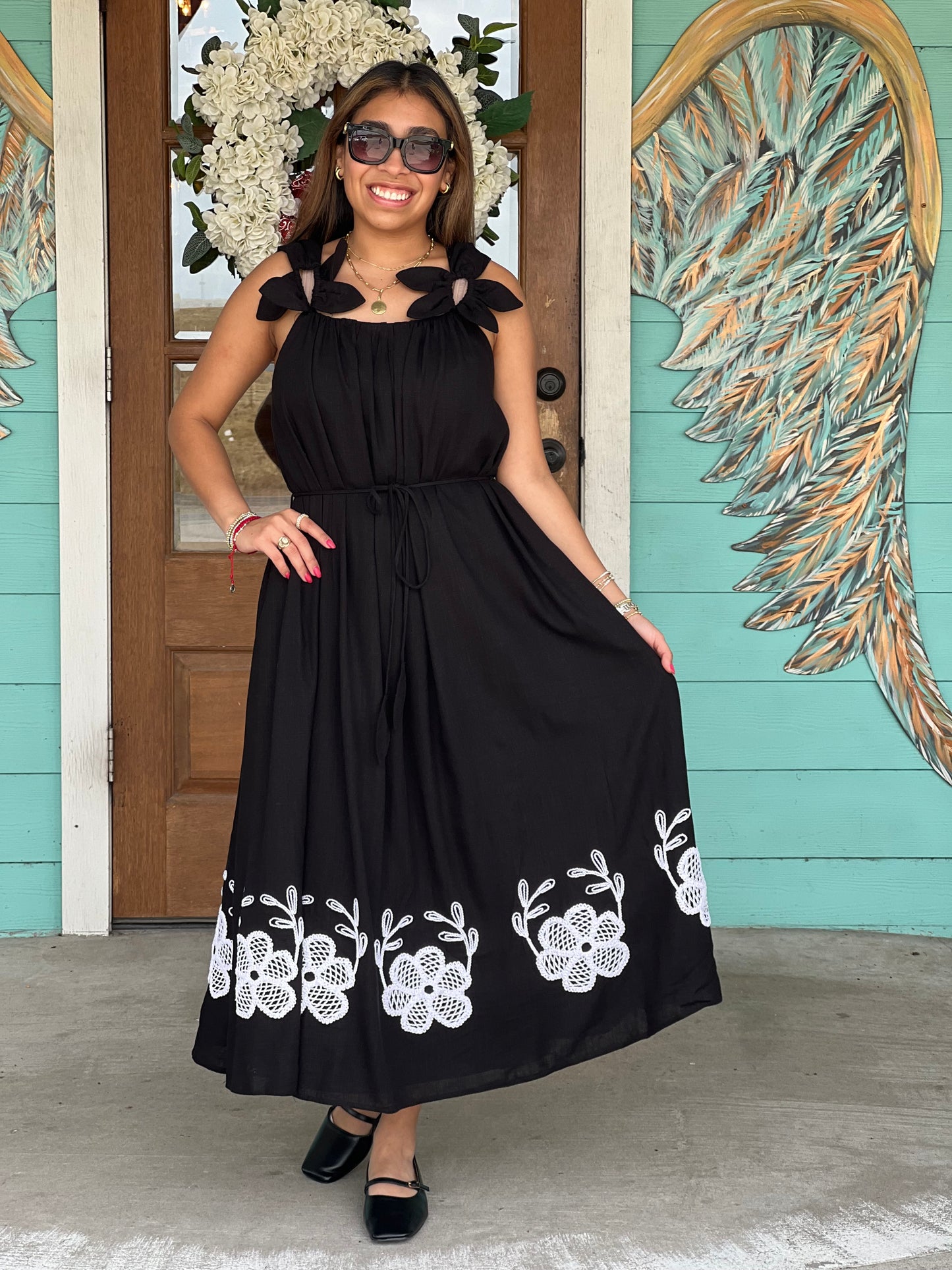 Black Flower Petal Embroidered Dress