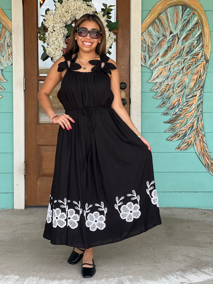 Black Flower Petal Embroidered Dress