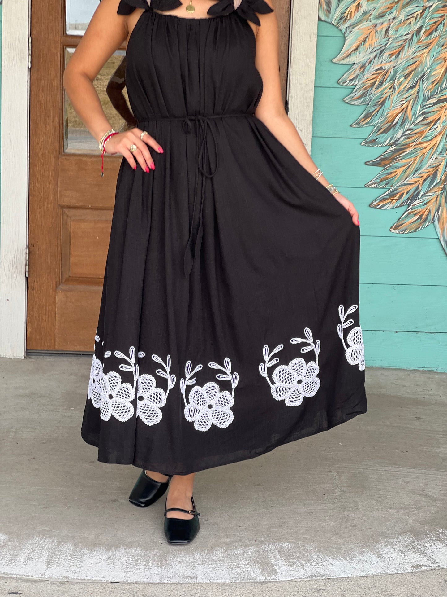 Black Flower Petal Embroidered Dress