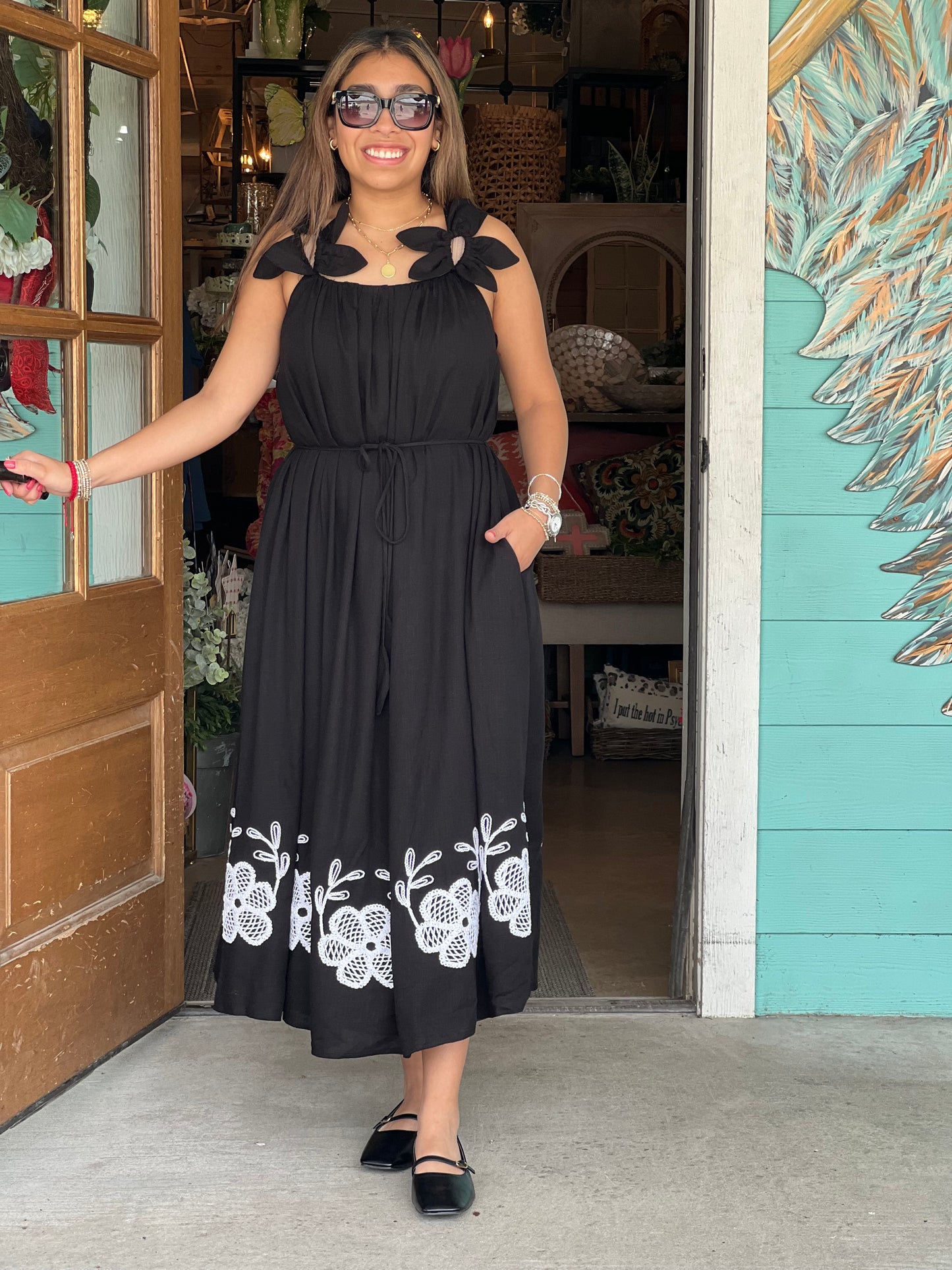 Black Flower Petal Embroidered Dress