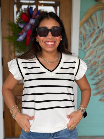 Ivory Striped Ruffle Sleeve Knit Top
