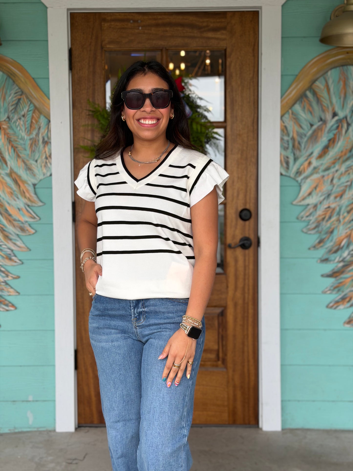 Ivory Striped Ruffle Sleeve Knit Top