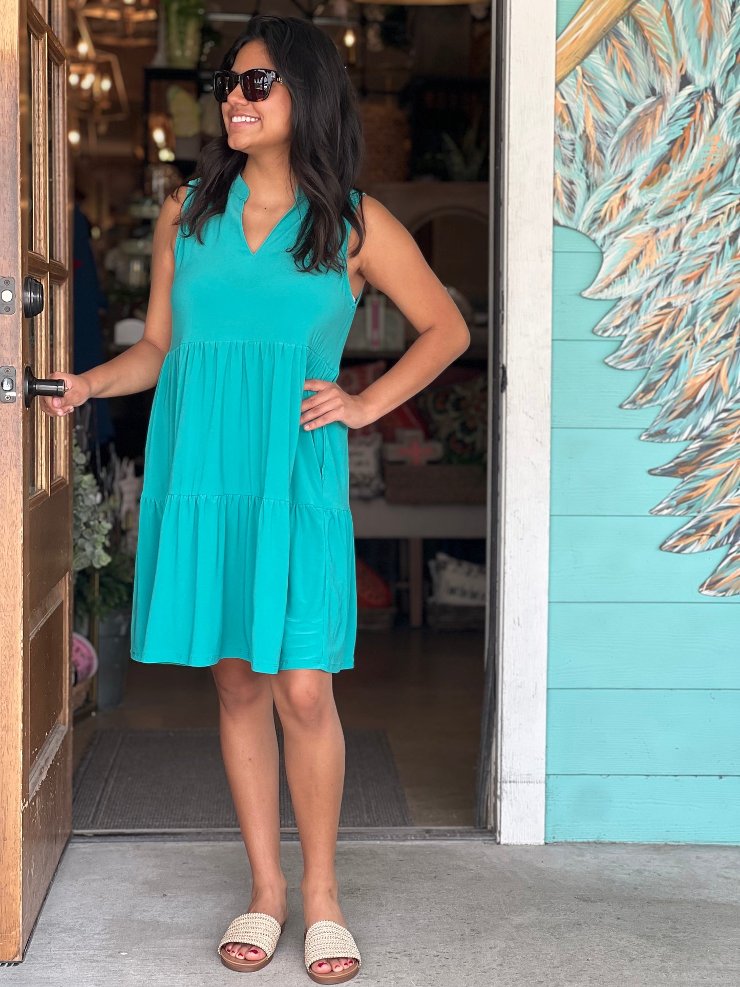 Liz Emerald V-Neck Tiered Dress