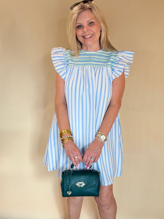 Blue Striped Flutter Sleeve Smocked Dress