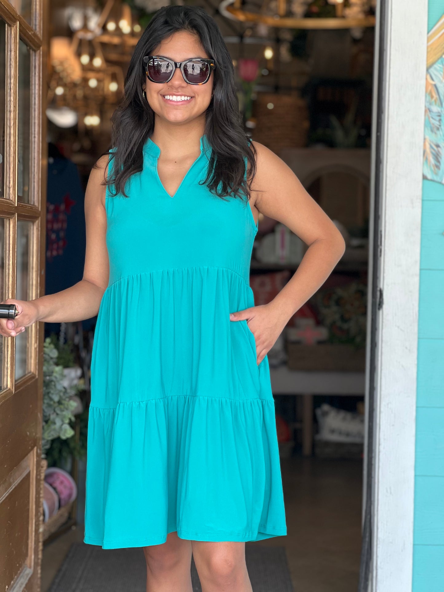Liz Emerald V-Neck Tiered Dress