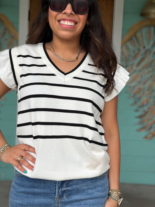 Ivory Striped Ruffle Sleeve Knit Top