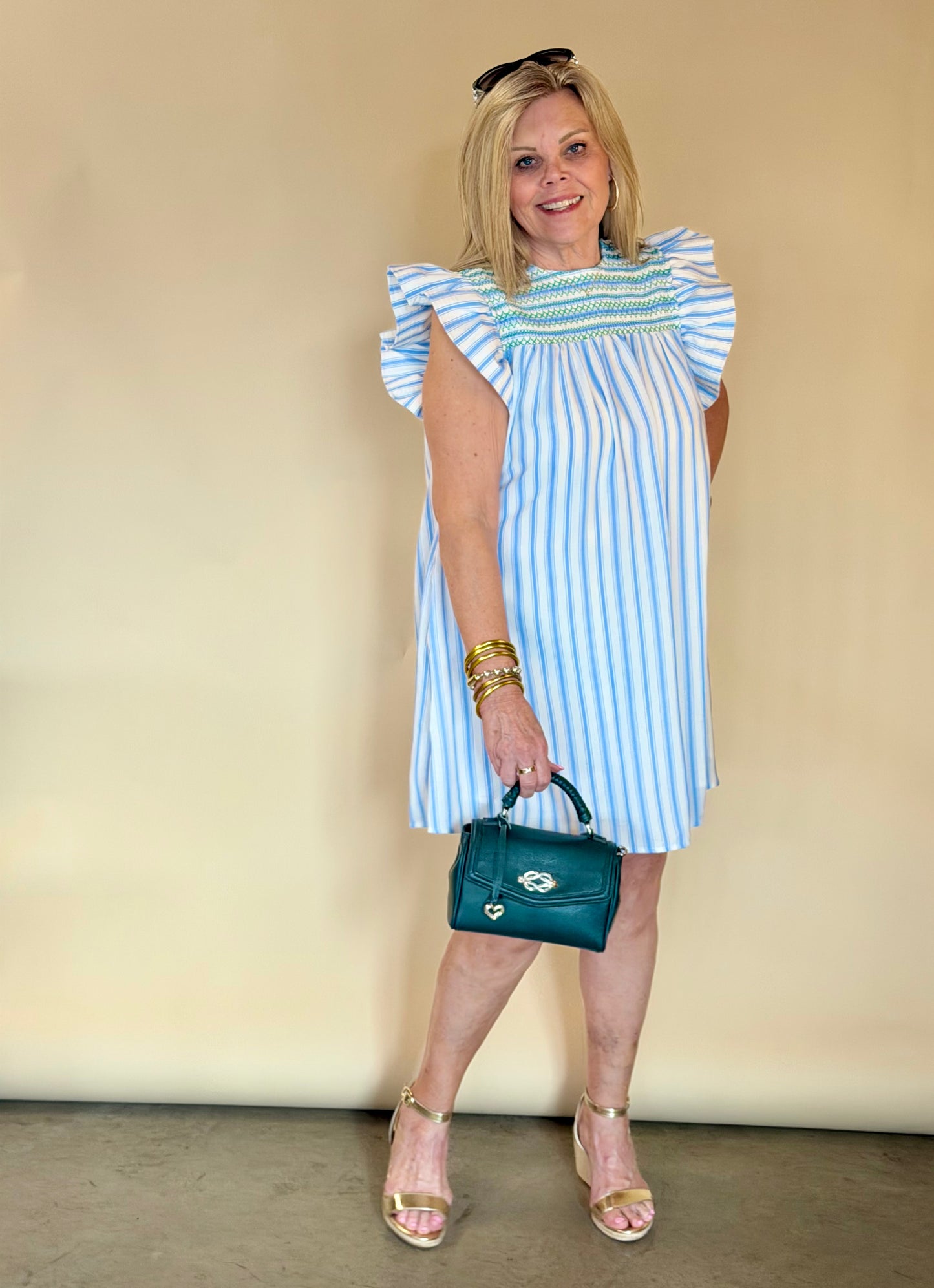 Blue Striped Flutter Sleeve Smocked Dress