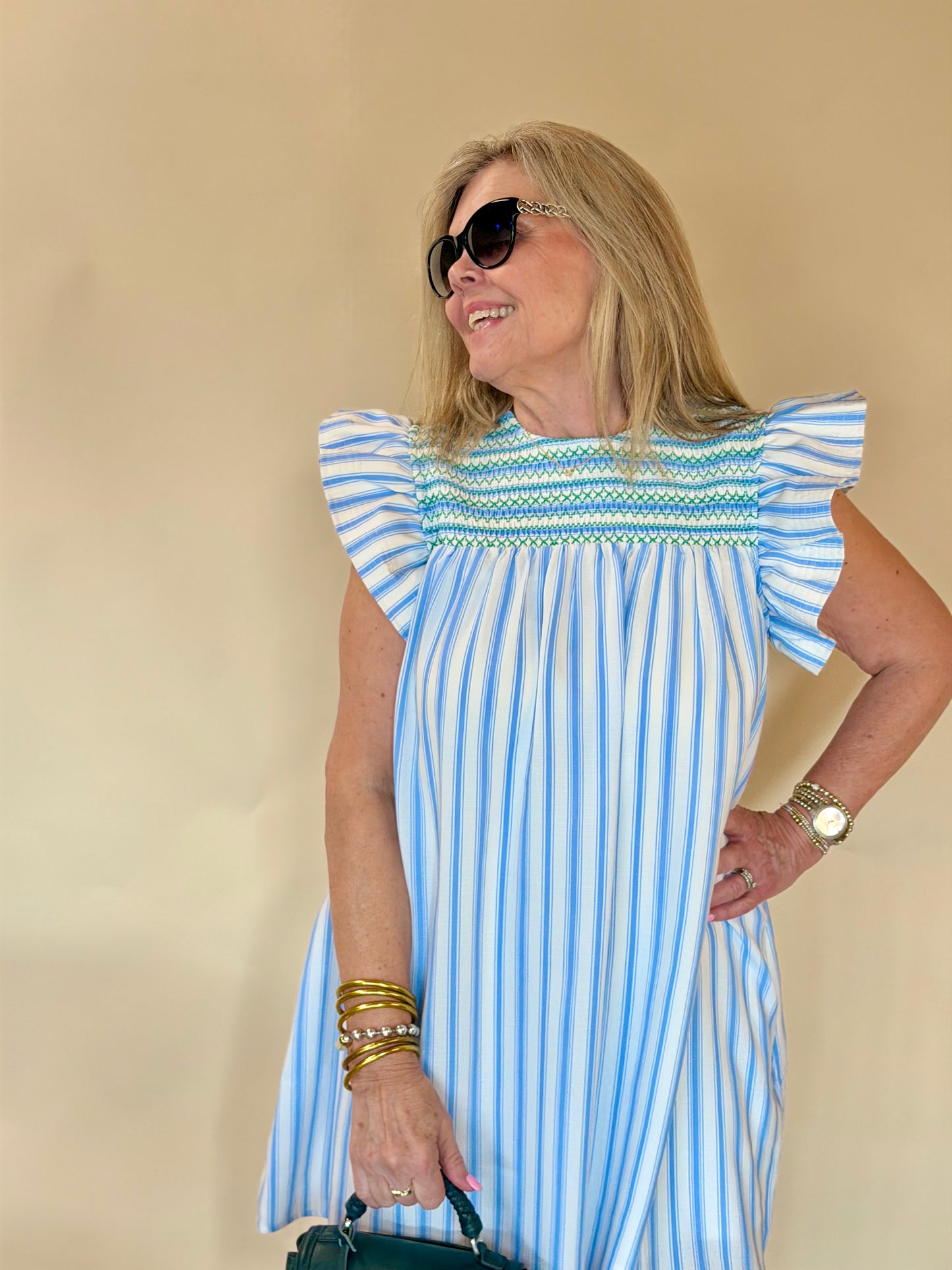 Blue Striped Flutter Sleeve Smocked Dress