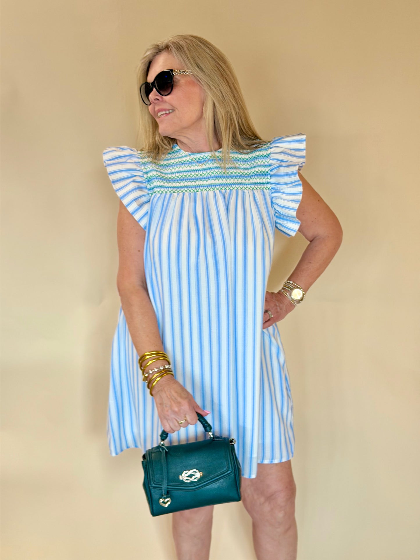 Blue Striped Flutter Sleeve Smocked Dress