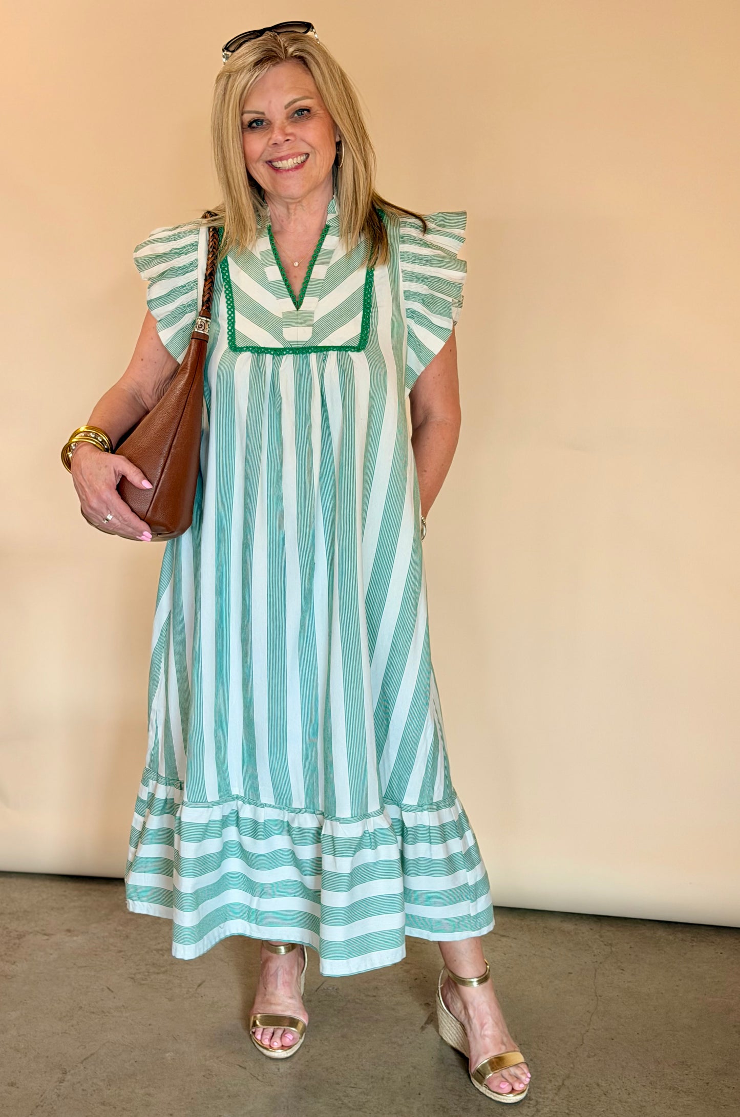 Green Stripe Lace Trim Midi Dress