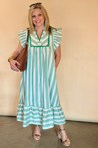 Green Stripe Lace Trim Midi Dress
