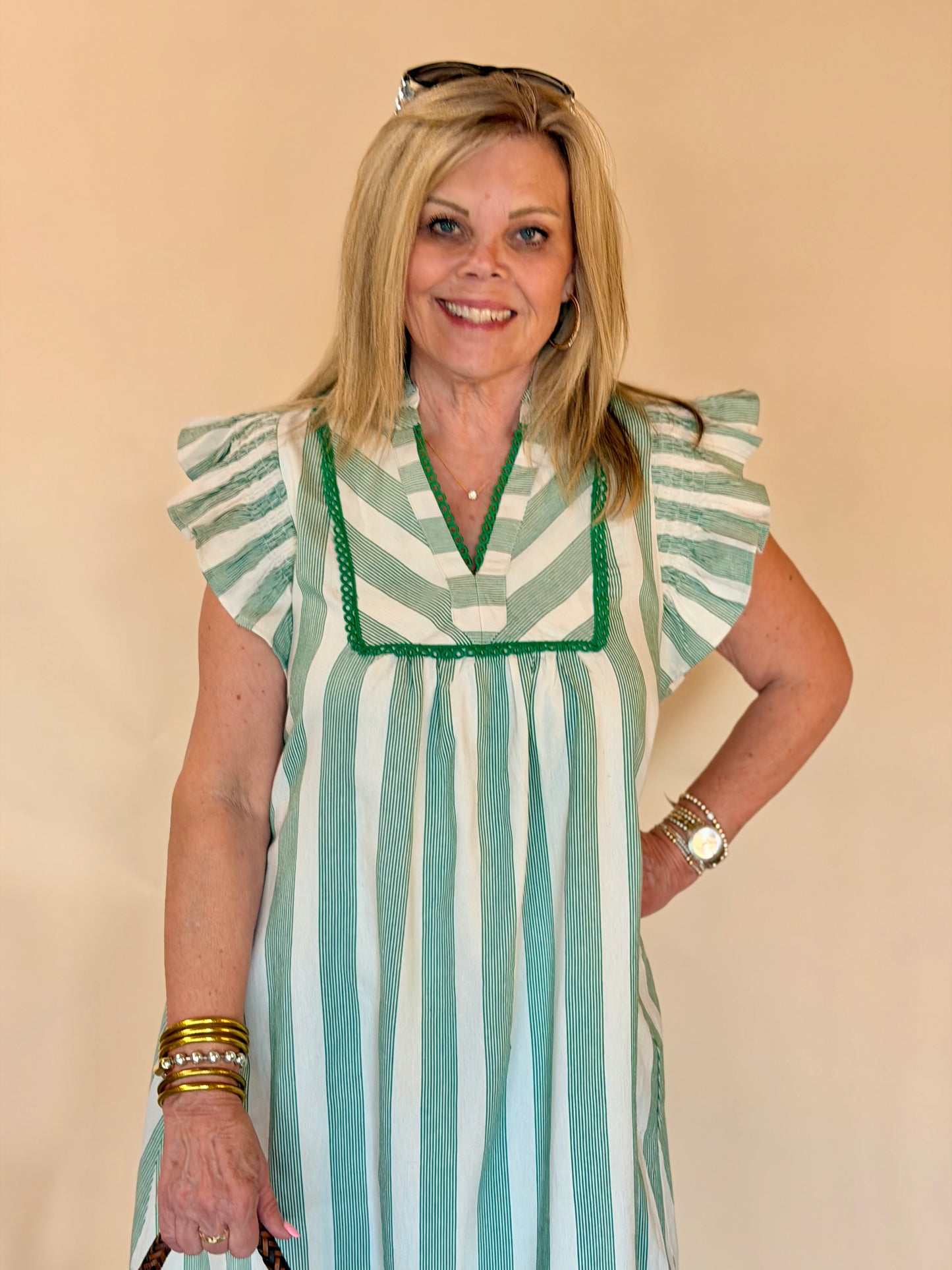 Green Stripe Lace Trim Midi Dress