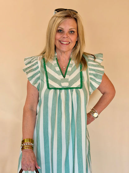 Green Stripe Lace Trim Midi Dress